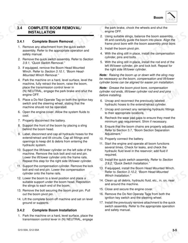 JLG G10-55A, G12-55A service manual page detailing complete boom removal and installation procedures.