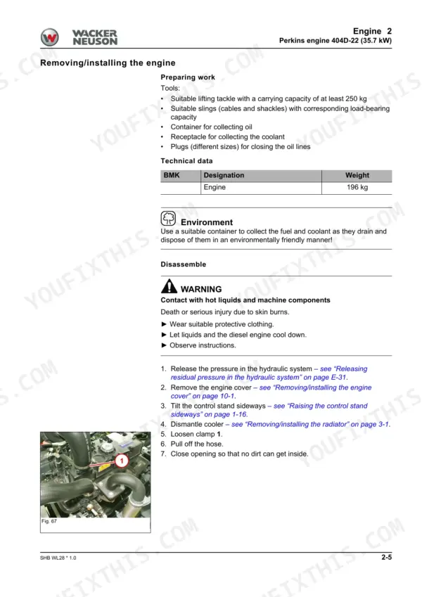 Wacker Neuson WL28 Perkins 404D-22 engine removal and installation procedure with tools list and safety warnings.