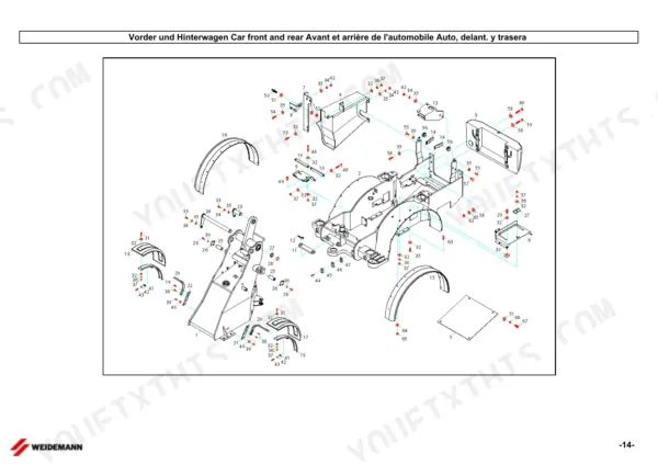 Weidemann 1370 CX50 exploded view diagram of front and rear chassis, fenders, and mounting hardware components.