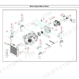 Weidemann 1370 CX50 exploded view of motor engine, radiator, hydraulic pump, and engine mounting components.
