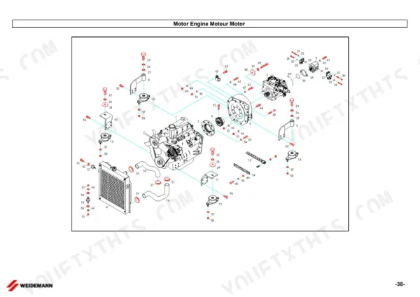 84393eac-b-exploded-view-38 Weidemann 1370 CX50 exploded view of motor engine, radiator, hydraulic pump, and engine mounting components.
