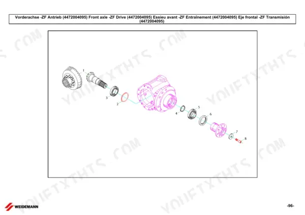 Weidemann 1370 CX50 exploded view of ZF front axle drive 4472004095 showing pinion gear, bearings, and housing components.