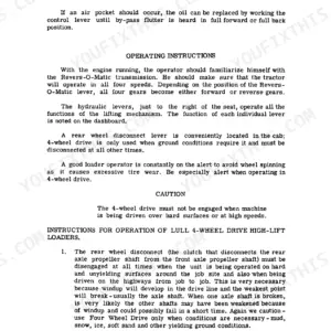 Lull 400-34 operating instructions for Revers-O-Matic transmission, hydraulic levers, and 4-wheel drive usage.