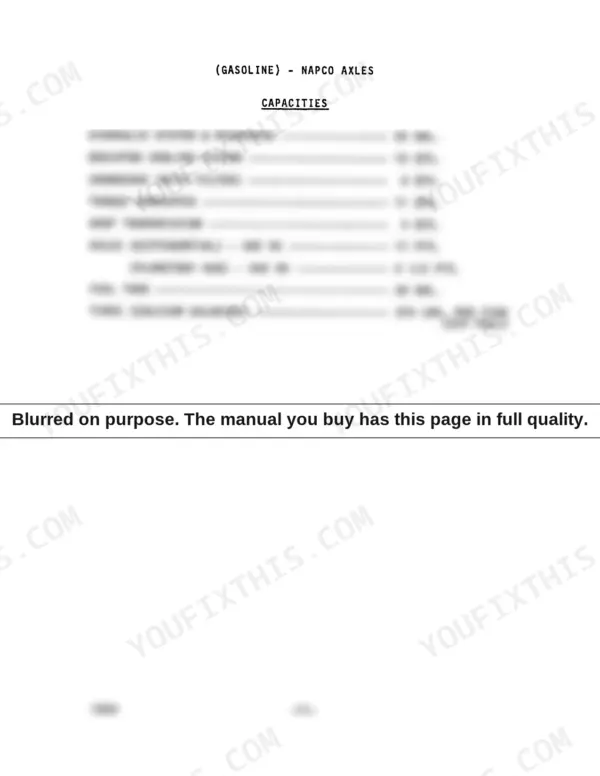 Lull 400-34 gasoline engine and Napco axle fluid capacity specifications table.