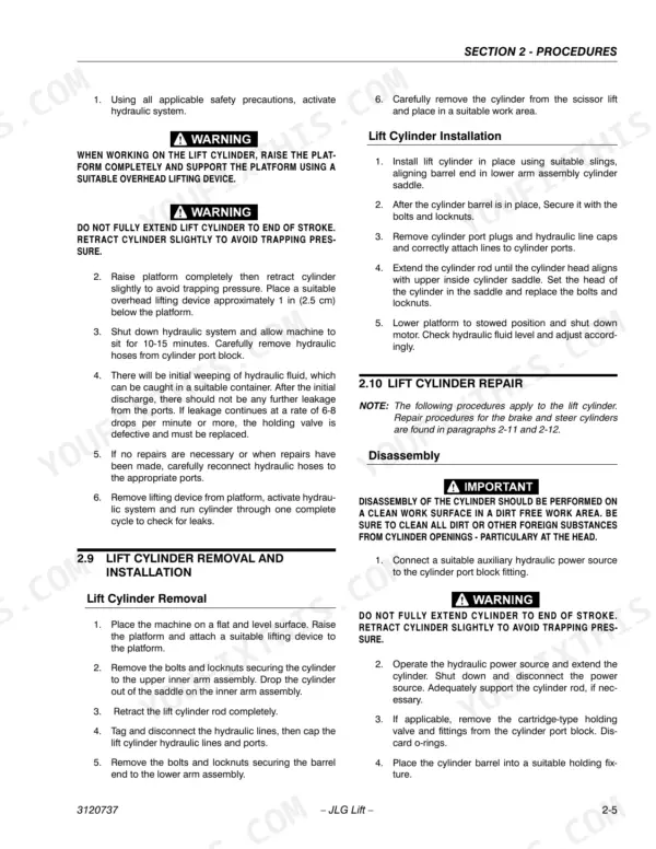 JLG 1532E2, 1932E2, 2032E2, 2632E2, 2646E2, 3246E2 service manual procedures for lift cylinder removal, installation, and repair.