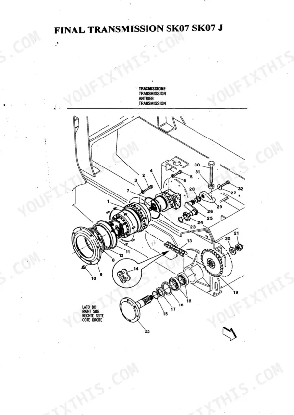 Fai Komatsu SK 07 J, SK05 J, SK09 J exploded view diagram of the final transmission assembly and right side drive components.