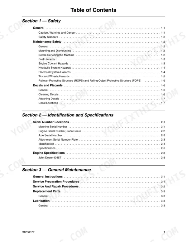 Lull 1044C-54 service manual table of contents covering safety, machine identification, specifications, and general maintenance.