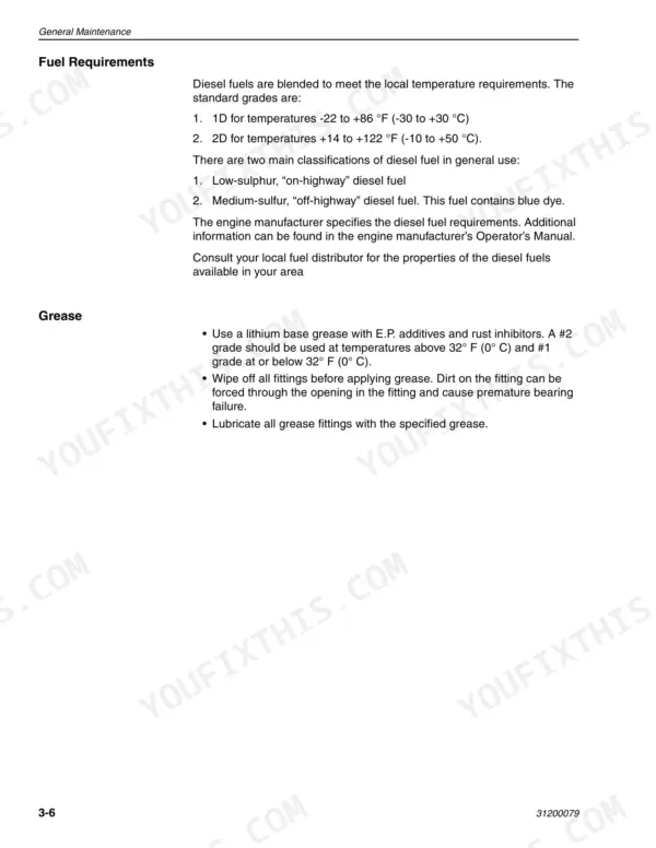 Lull 1044C-54 maintenance manual page detailing diesel fuel requirements, temperature grades, and grease specifications.