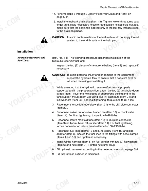 Lull 1044C-54 service manual procedure for installing the hydraulic reservoir and fuel tank, including torque specifications.