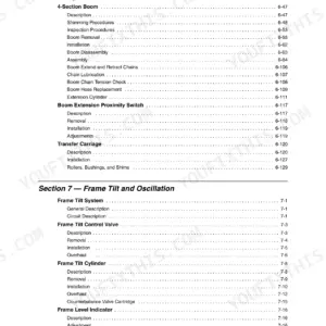 Lull 1044C-54 service manual table of contents for boom, transfer carriage, and frame tilt systems.