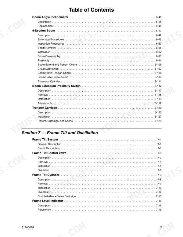 8a679fa3-b3-toc-9 Lull 1044C-54 service manual table of contents for boom, transfer carriage, and frame tilt systems.