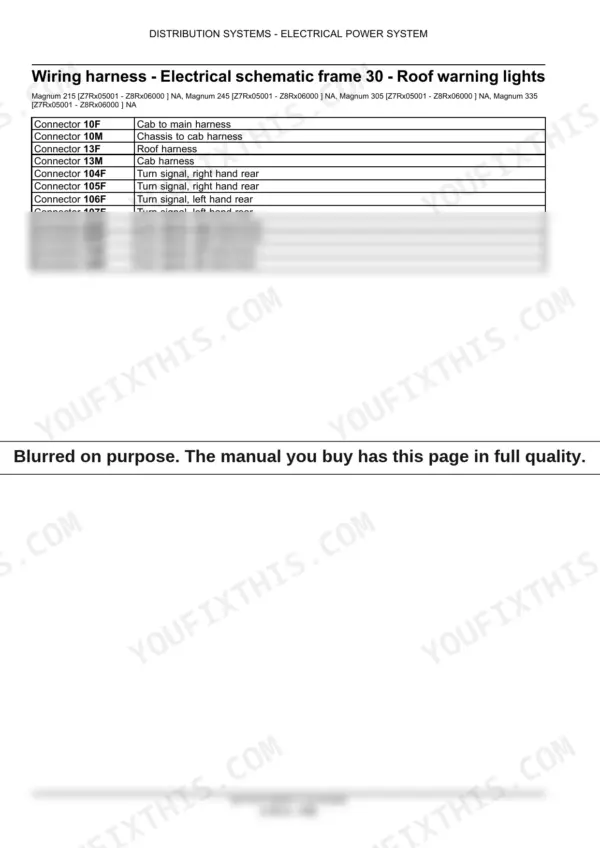 Case Magnum 215–335 wiring harness table for roof warning light electrical connectors.