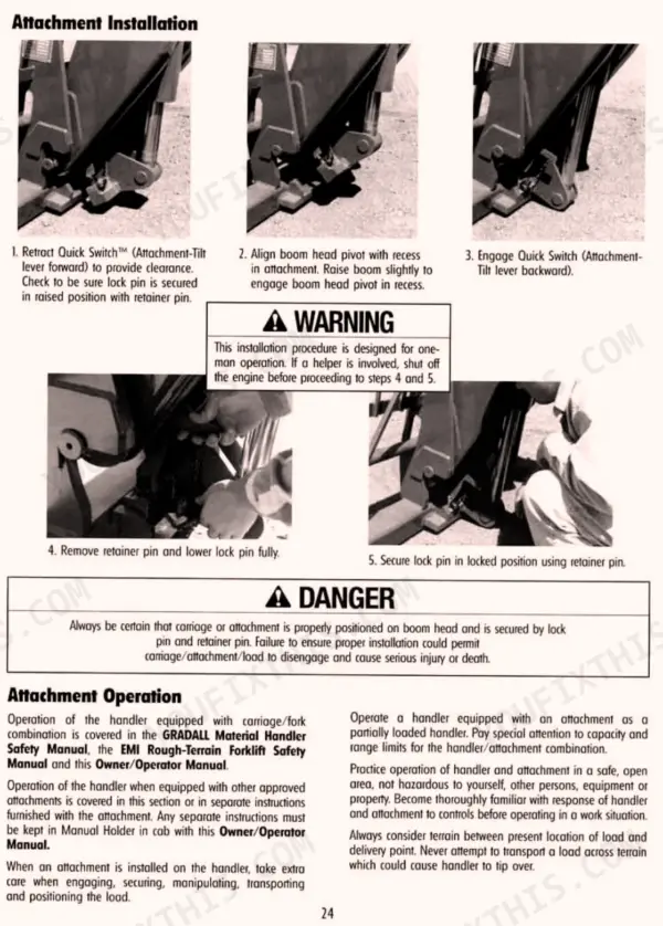 Gradall 522, 524, 532C-6, 534C-6, 534C-6T attachment installation and operation procedure steps with safety warnings.