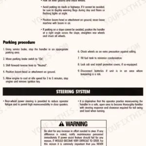 Gradall 522, 524, 534D-6, 534D-6T, 522D, 524D parking the handler precautions, parking procedure, and steering system warning.