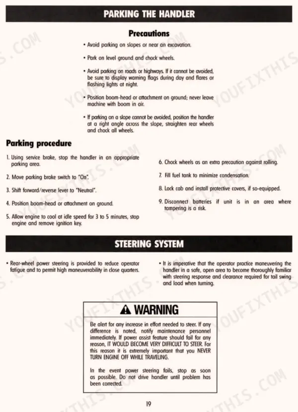 8f13ee41-b2-procedures-25 Gradall 522, 524, 534D-6, 534D-6T, 522D, 524D parking the handler precautions, parking procedure, and steering system warning.