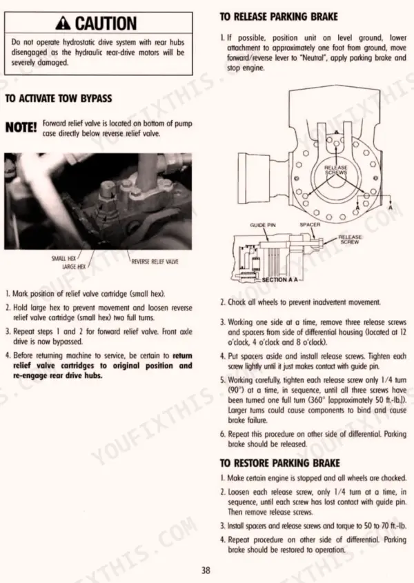Gradall 522, 524, 534D-6, 534D-6T, 522D, 524D procedures for activating tow bypass and releasing or restoring the parking brake.