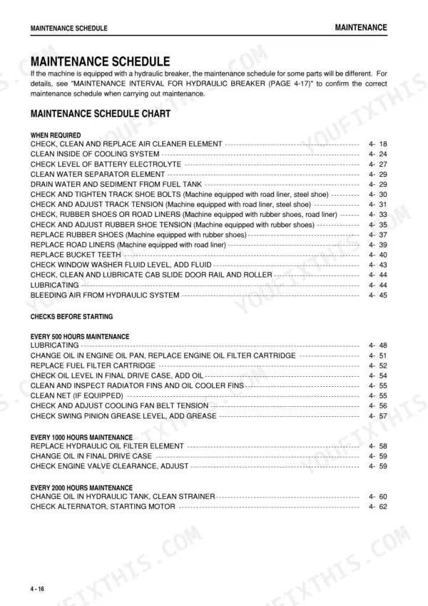 Komatsu PC40MR-2, PC50MR-2 maintenance schedule chart listing service intervals for air cleaner, tracks, engine oil, and filters.