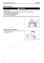 Komatsu PC40MR-2, PC50MR-2 machine operation safety warnings and fuel control lever adjustment procedure diagrams.