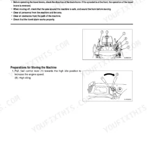 Komatsu PC40MR-2, PC50MR-2 machine operation safety warnings and fuel control lever adjustment procedure diagrams.