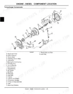 96e2ae48-b2-exploded-view-32 John Deere 4105 diesel engine turbocharger exploded view diagram showing turbine housing, impeller, and waste gate actuator components.