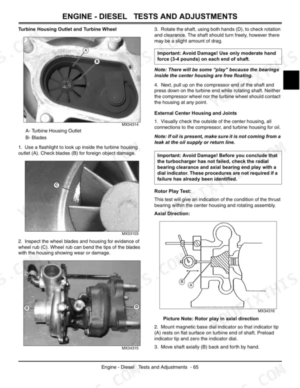 John Deere 4105 diesel engine turbocharger inspection, rotor play test, and axial direction measurement procedures.