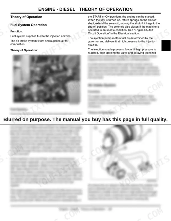 John Deere 4105 diesel engine theory of operation, fuel system components, and air intake system diagrams.