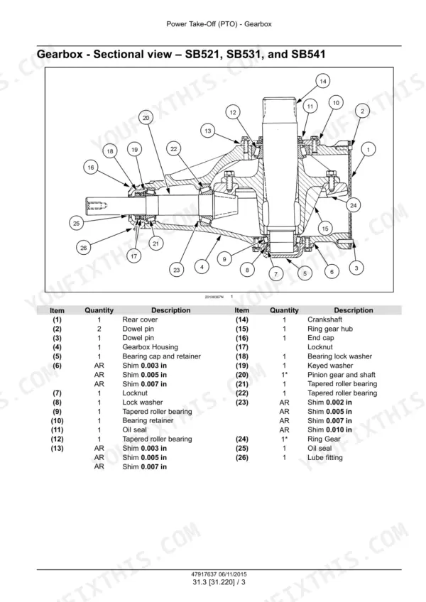 988e30e6-b-exploded-view-85 Case IH SB521, SB531, SB541, SB541C, SB551 PTO gearbox sectional view diagram and parts list with component descriptions.
