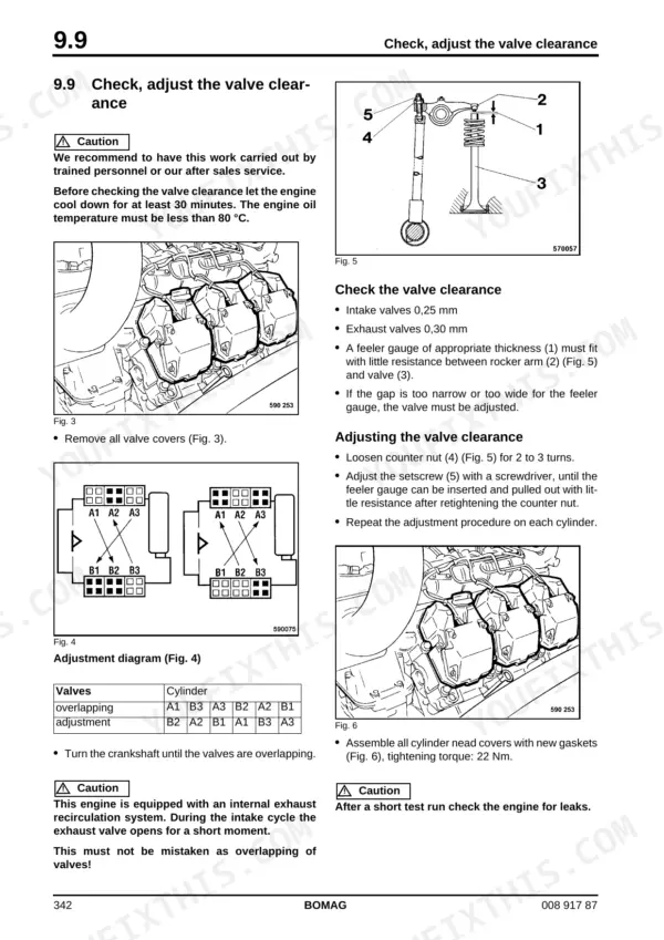 Bomag MPH 122-2 valve clearance adjustment procedure, including cylinder sequence diagram, valve specs, and rocker arm adjustment steps.