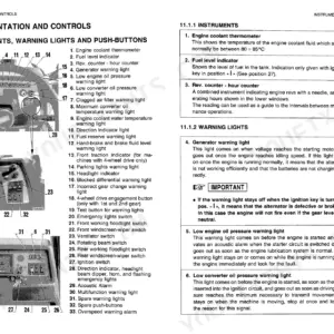 Komatsu WB95R-1, WB97R-1 instrumentation and controls diagram, warning lights, and indicator descriptions.