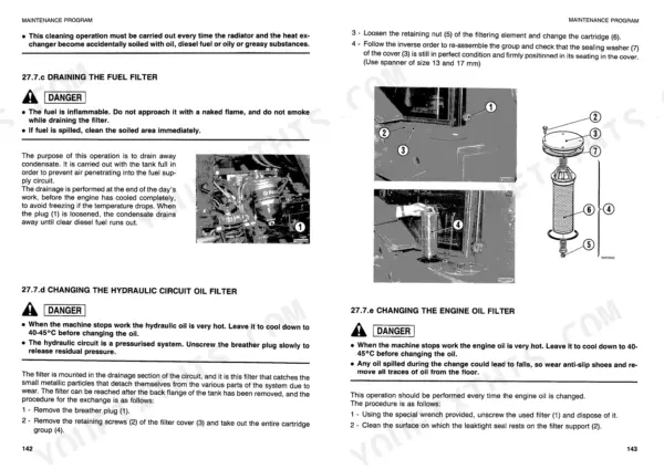 Komatsu WB95R-1, WB97R-1 maintenance procedures for draining fuel filter and changing hydraulic and engine oil filters.