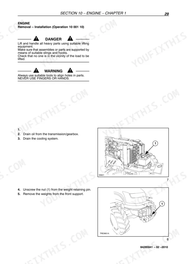 New Holland TD65F, TD75F, TD85F engine removal procedure, including draining fluids and removing front weight assembly.
