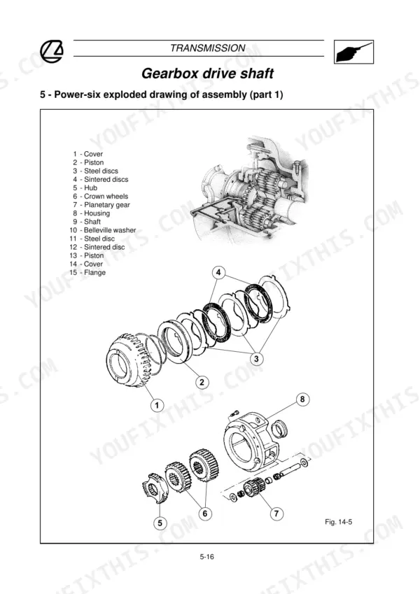 a0f14389-b-exploded-view-96 Landini 105, 115, 130, 145, 165, Legend 105-165 Power-six gearbox drive shaft exploded view assembly diagram parts list.