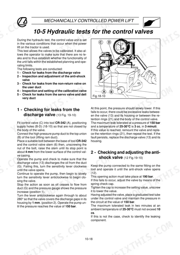 Landini 105, 115, 130, 145, 165, Legend 105-165 hydraulic control valve test procedures, leak checks, and valve adjustment diagram.