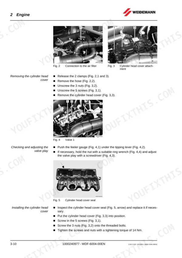 Weidemann 1150 CX30 engine service manual: removing cylinder head cover, adjusting valve play, and installing cylinder head cover.