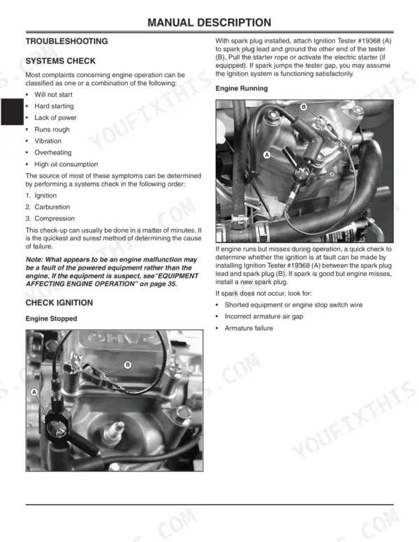 John Deere 726E, 827E, 1028E, 1330SE, 1332PE, 1338PE troubleshooting guide for engine ignition system testing using spark tester.