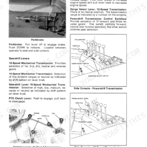 Versatile 836, 856, 876 operator manual showing side console controls, gearshift levers, PTO clutch, and transmission operation.