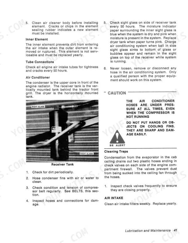 Versatile 836, 856, 876 maintenance section: air cleaner and air conditioner service procedures.