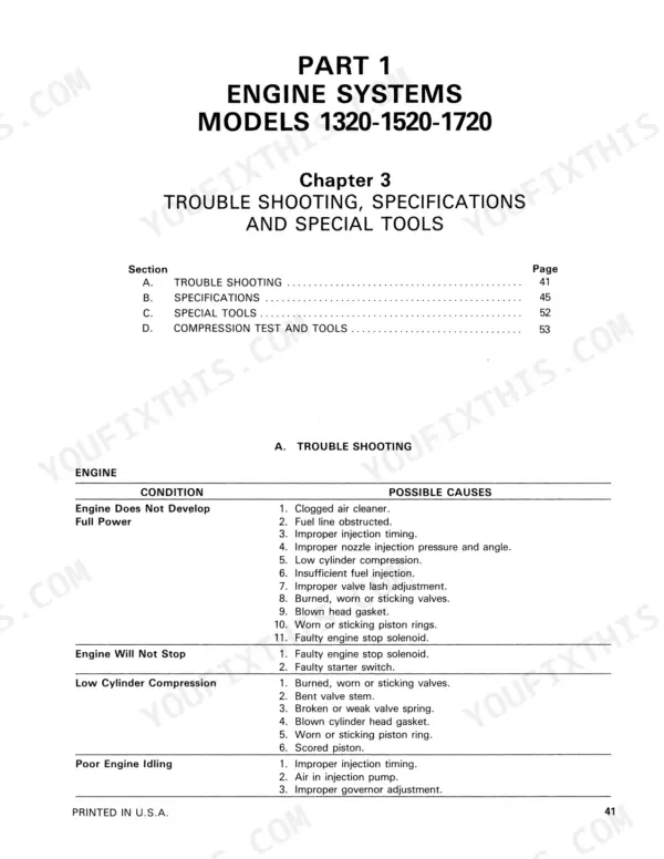 New Holland 1320, 1520, 1620, 1715, 1720 engine troubleshooting table listing conditions and possible causes for power loss.