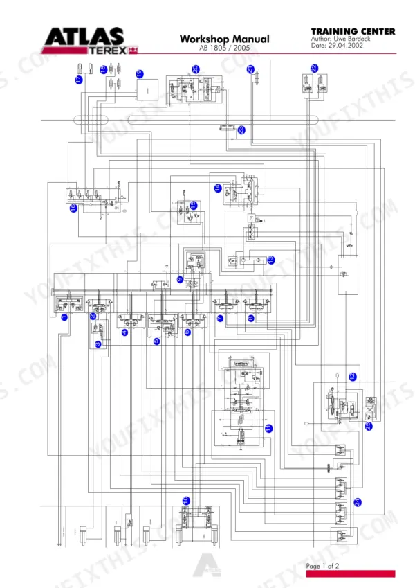 Atlas 1805, 2005 hydraulic system schematic diagram showing numbered valve and component connections for workshop manual.