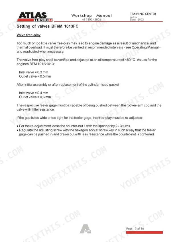 Atlas 1805, 2005: Valve free-play adjustment procedure and clearance specifications for BF6M 1013FC engine.