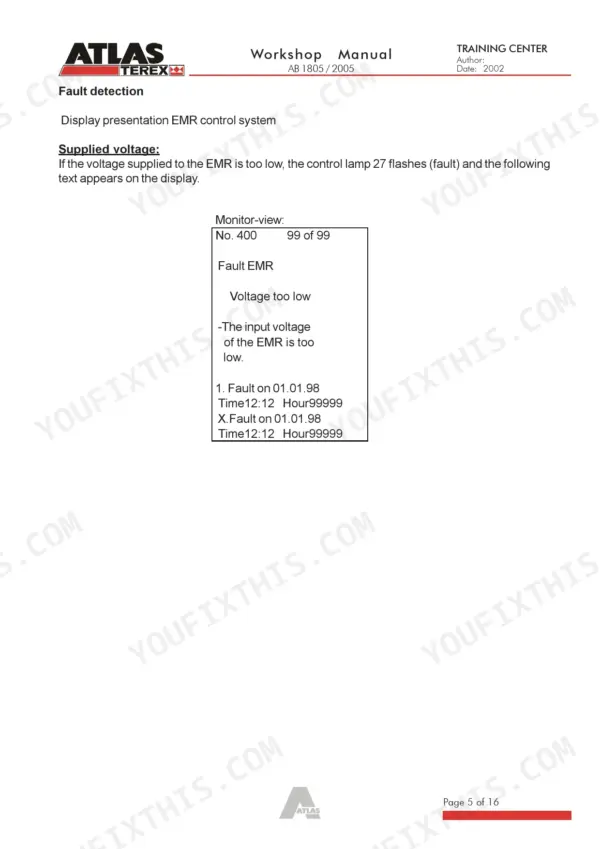 Atlas 1805, 2005 manual page showing EMR control system fault detection and low voltage display monitor view.