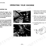 Komatsu WA320-1 operator manual page showing pre-start inspection, seat adjustment, and parking brake lever locking procedures.