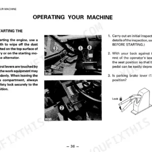 Komatsu WA320-1 operator manual page showing pre-start inspection, seat adjustment, and parking brake lever locking procedures.