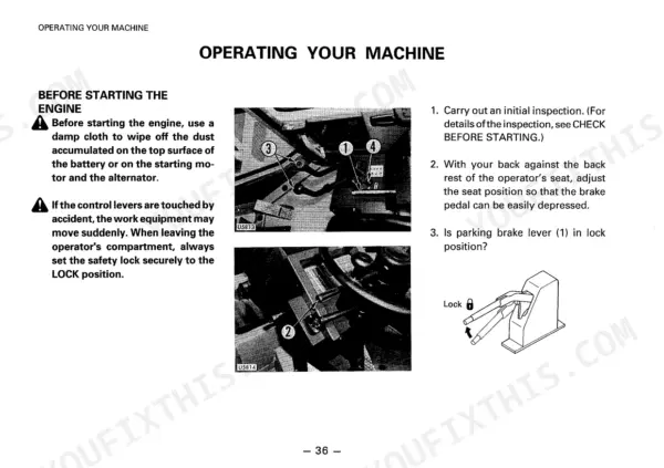 b105e0b2-b-operations-37 Komatsu WA320-1 operator manual page showing pre-start inspection, seat adjustment, and parking brake lever locking procedures.
