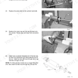 Flexi-Coil 67, 67XL boom tilt cylinder rebuild steps with bench photos of the piston, cylinder barrel, clevis cap and tie rods.