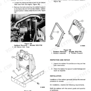 Ford 1310, 1510, 1710, 1710 Offset radiator removal, inspection, and installation procedures with component diagrams.