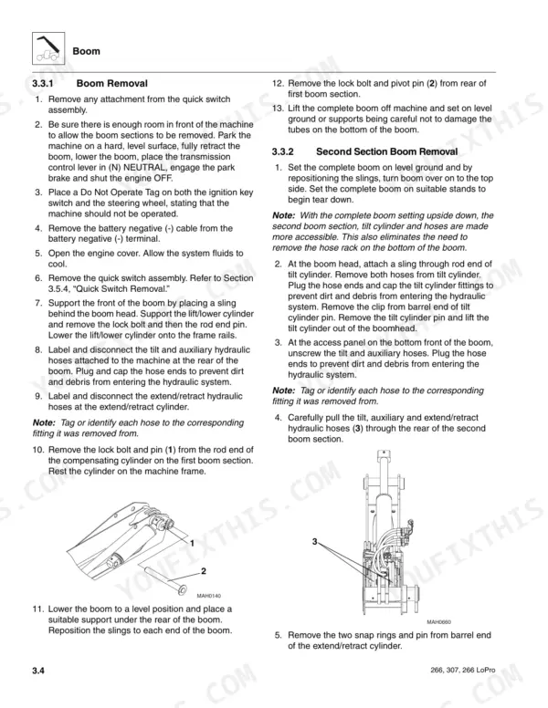 JLG 266, 307 service manual page detailing boom removal and second section boom removal procedures with component diagrams.
