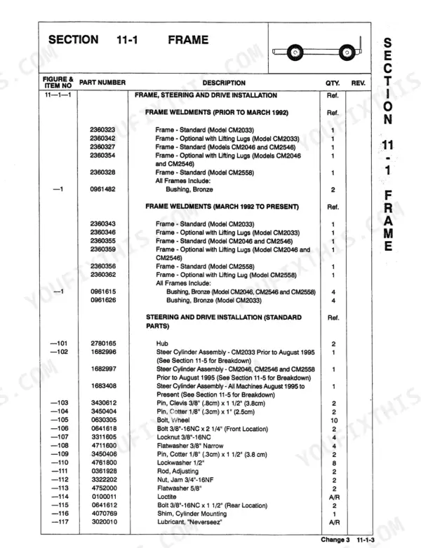 JLG CM2033, CM2046, CM2546, CM2558 parts list for frame, steering, and drive installation components and hardware.