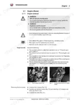 b9cdb062-b-procedures-149 Weidemann 4070 CX80, 4070 CX100 engine removal procedure, safety warnings, hand pump and engine hood locking mechanism diagrams.