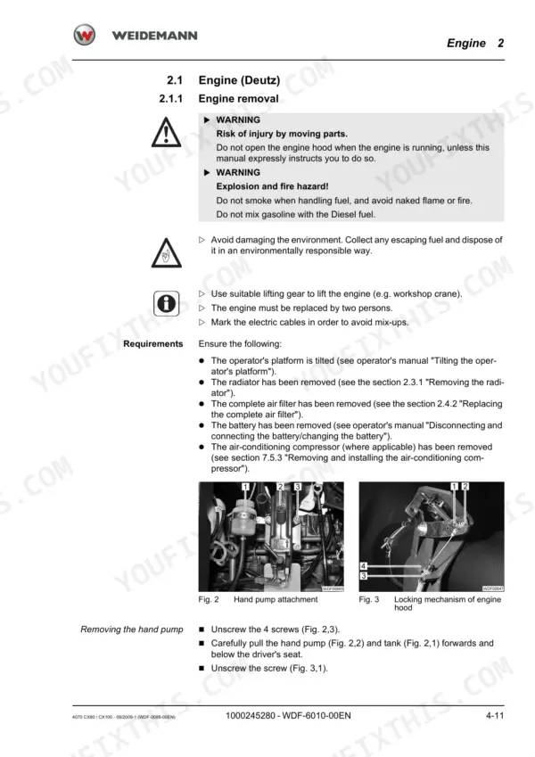 Weidemann 4070 CX80, 4070 CX100 engine removal procedure, safety warnings, hand pump and engine hood locking mechanism diagrams.
